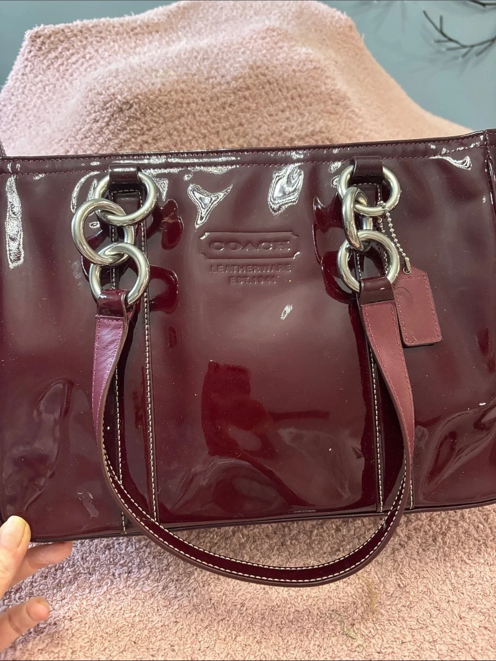 Coach Glossy Patent Leather Tote in Burgundy